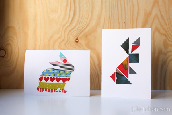 Osterkarten, rechts: Osterhasenfigur aus buntem Washi Tape, links: Tangram Osterhase aus Zeitschriftenpapier Osterkarten, rechts: Osterhasenfigur aus buntem Washi Tape, links: Tangram Osterhase aus Zeitschriftenpapier