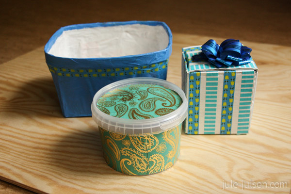 drei selbst gemachte Geschenkverpackungen hergestellt aus alten boxen und Obstschalen drei selbst gemachte Geschenkverpackungen hergestellt aus alten boxen und Obstschalen