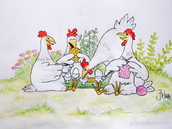 vier Huehner, die auf einer Picknickdecke fruehstuecken vier Huehner, die auf einer Picknickdecke fruehstuecken