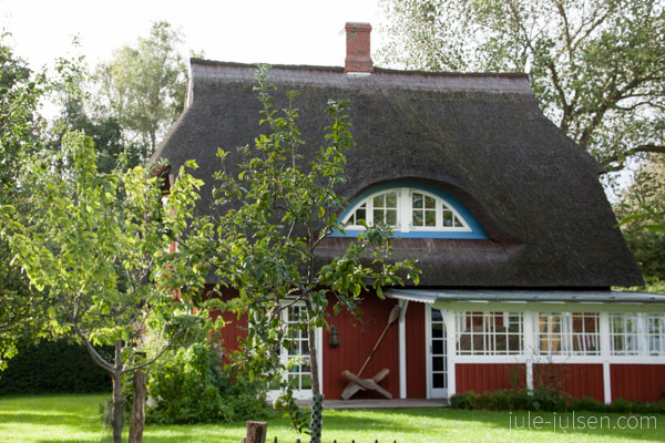 mit Reet gedecktes, rotes Haus mit Reet gedecktes, rotes Haus