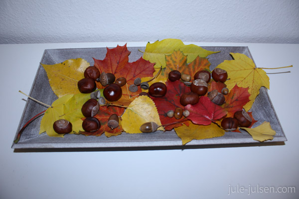Holzschale mit bunten Herbstblaettern und Kastanien Holzschale mit bunten Herbstblaettern und Kastanien