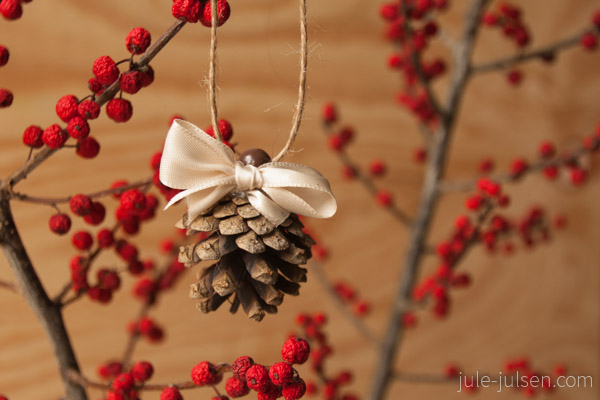 Kienapfel mit beiger Schleife als Weihnachtsbaumschmuck Kienapfel mit beiger Schleife als Weihnachtsbaumschmuck