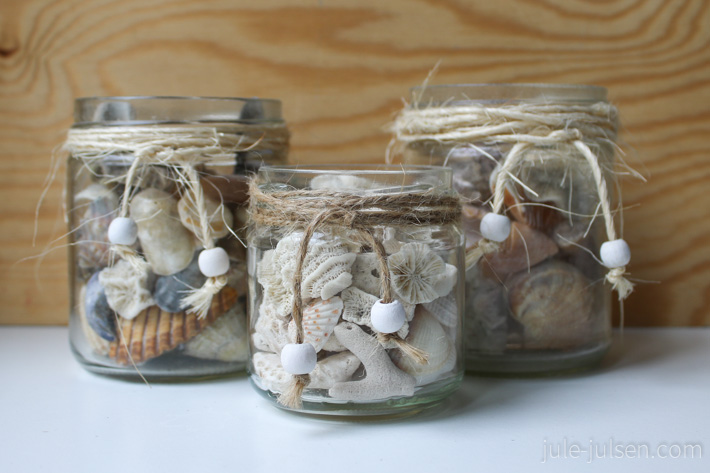 Marmeladenglaeser mit Muscheln als Badezimmerdekoration Marmeladenglaeser mit Muscheln als Badezimmerdekoration