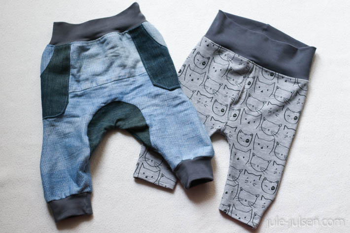 Selbstgemachte Babyjeanshose und Leggins mit Katzenmuster
