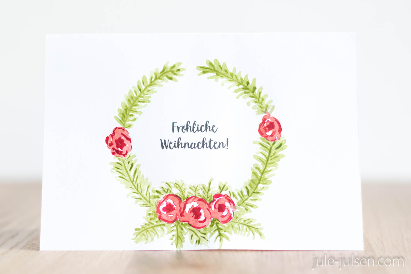 diy Weihnachtskarte Aquarelltechnik Weihnachtskranz mit Rosen