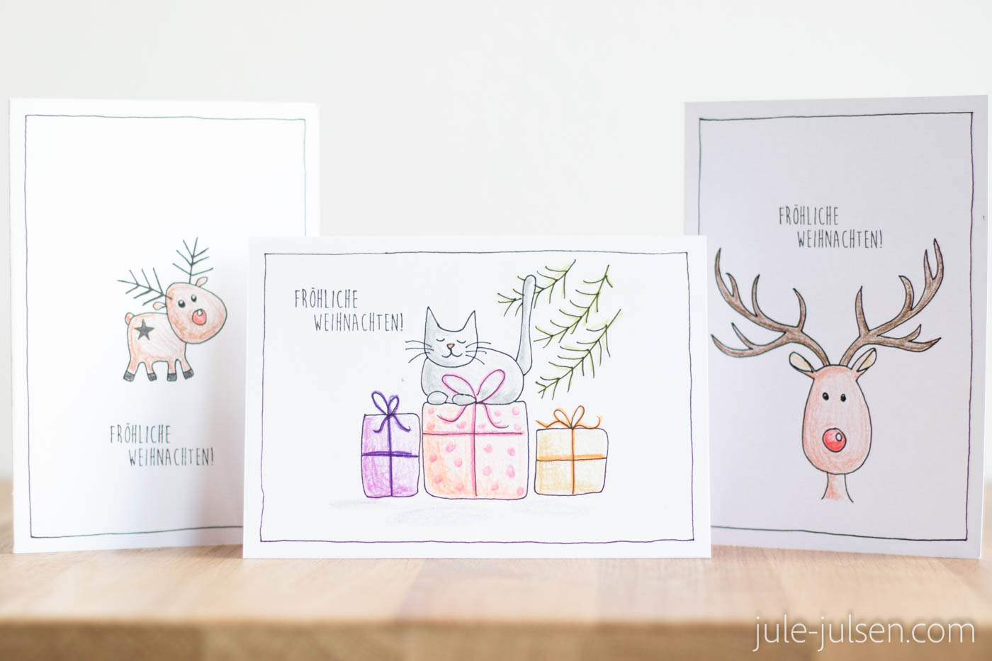 diy Weihnachtskarten Buntstift Rentiere und Katze